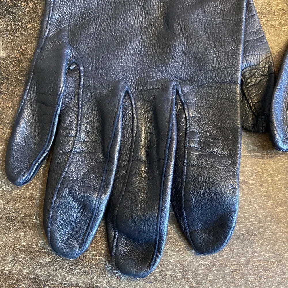 Black Leather Lace Appliqué Gloves Size Large Vintage Look Dark Romantic Classic